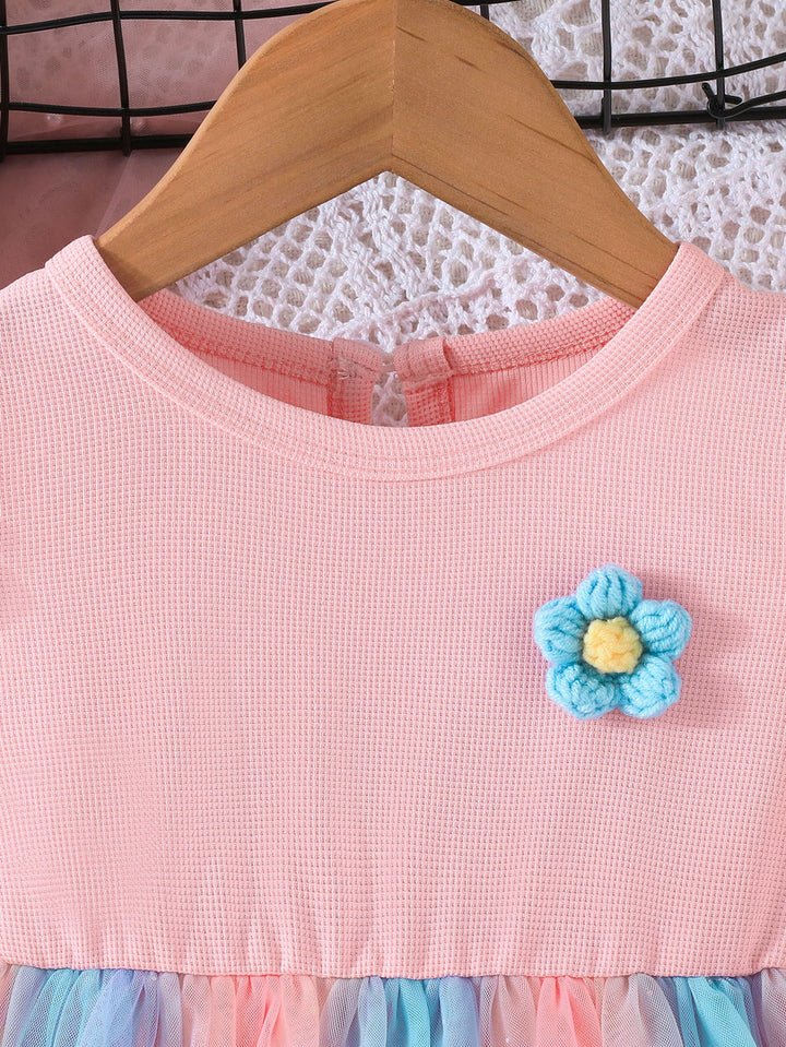 Pink Girls Colourblocked Flutter Sleeves Gathered Detail Fit & Flare Dress