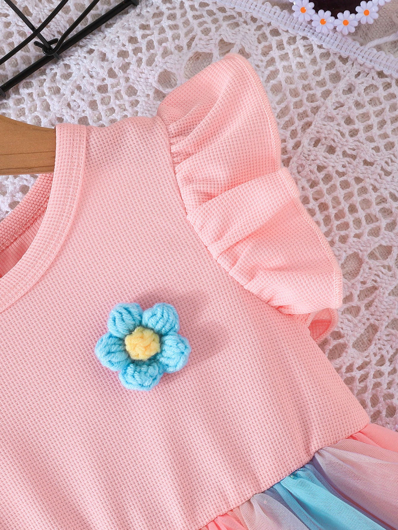 Pink Girls Colourblocked Flutter Sleeves Gathered Detail Fit & Flare Dress