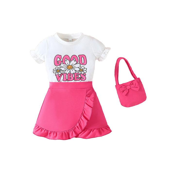 Girls Printed T-shirt with Skirt And Bag