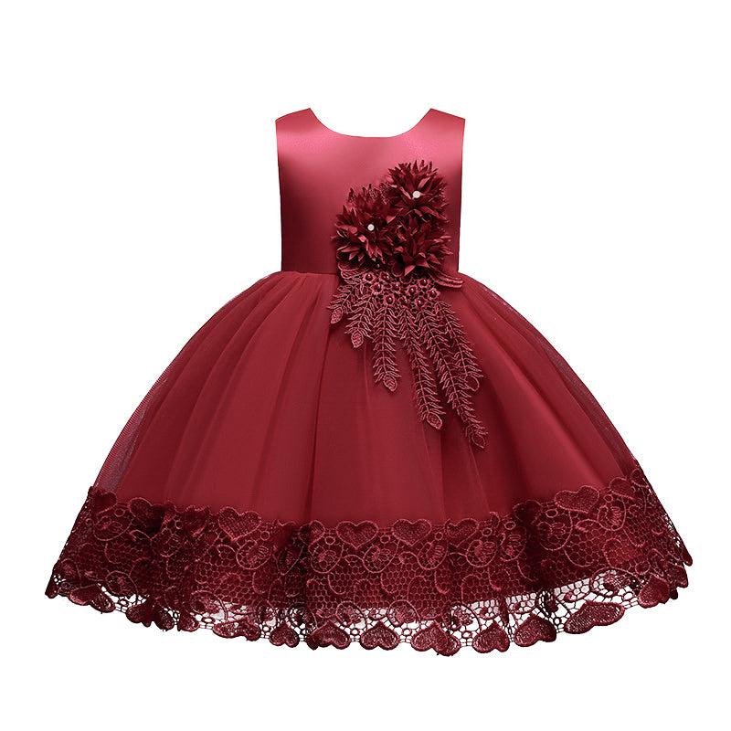 Girls Maroon Round neck Sleeveless Applique Fit & Flare Maxi Dress
