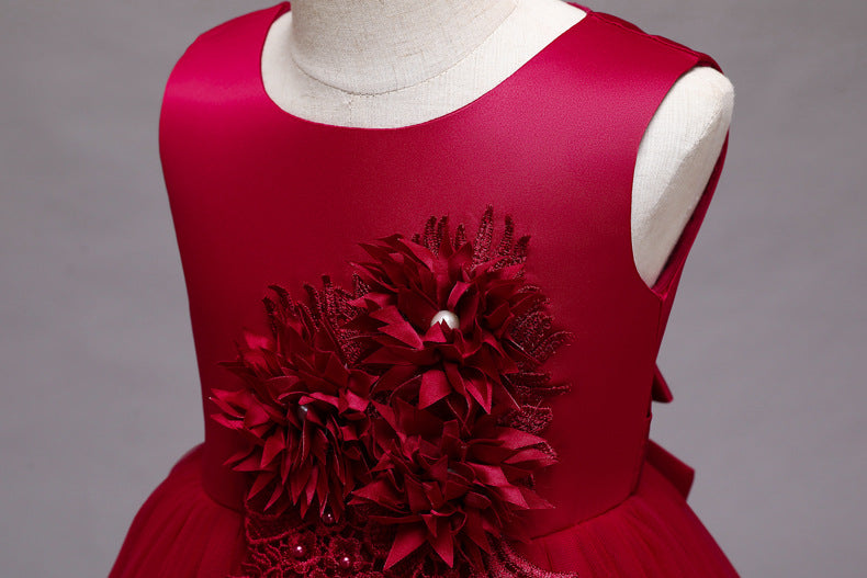 Girls Maroon Round neck Sleeveless Applique Fit & Flare Maxi Dress