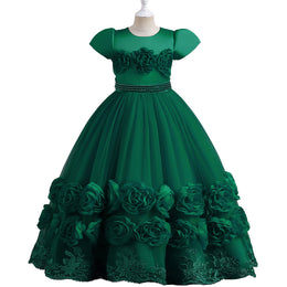 Girls Green Floral Embellished Puff Sleeve Maxi Gown Dress