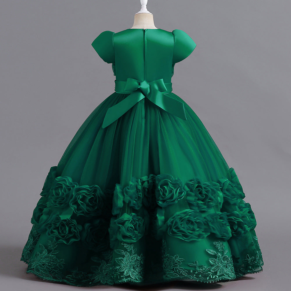Girls Green Floral Embellished Puff Sleeve Maxi Gown Dress