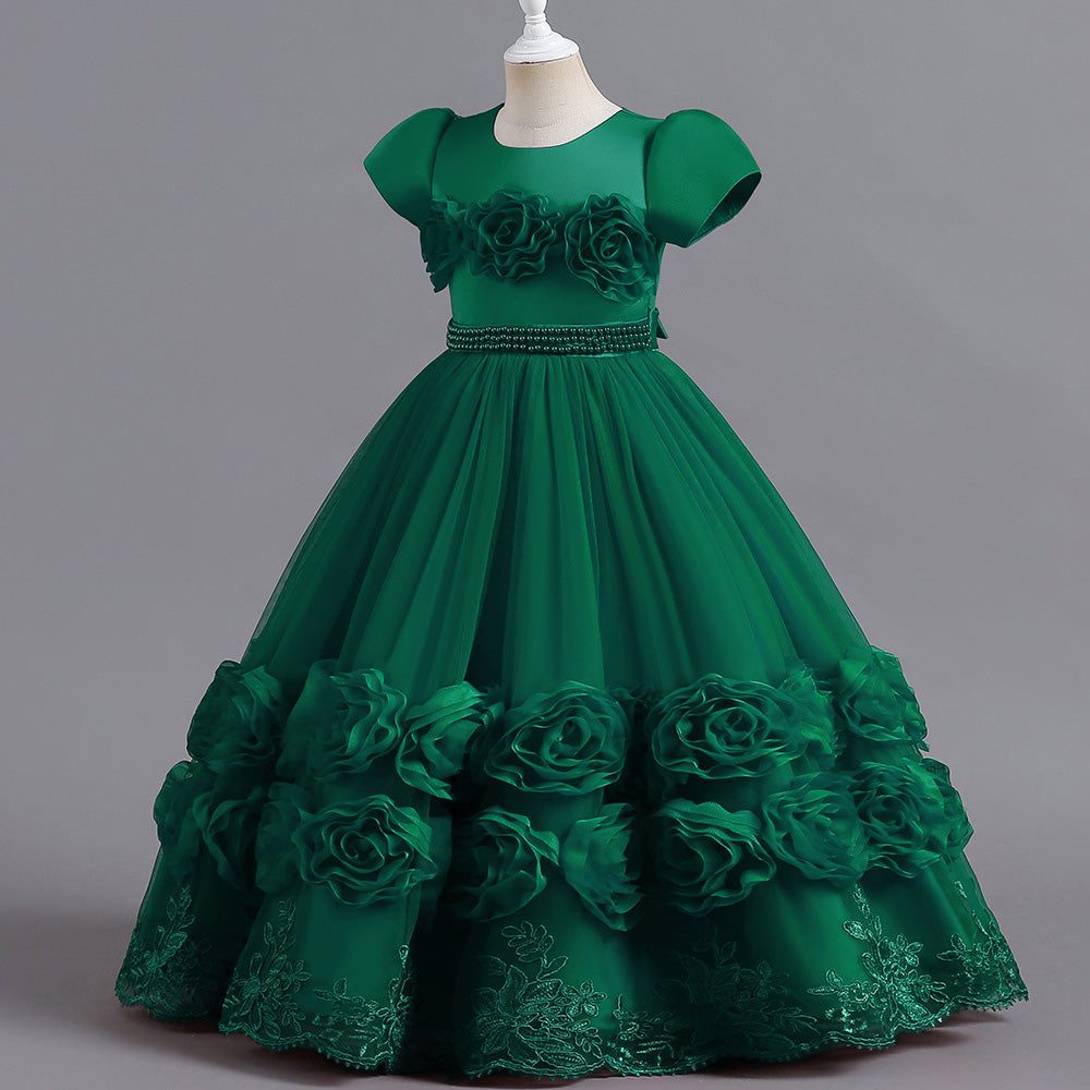 Girls Green Floral Embellished Puff Sleeve Maxi Gown Dress