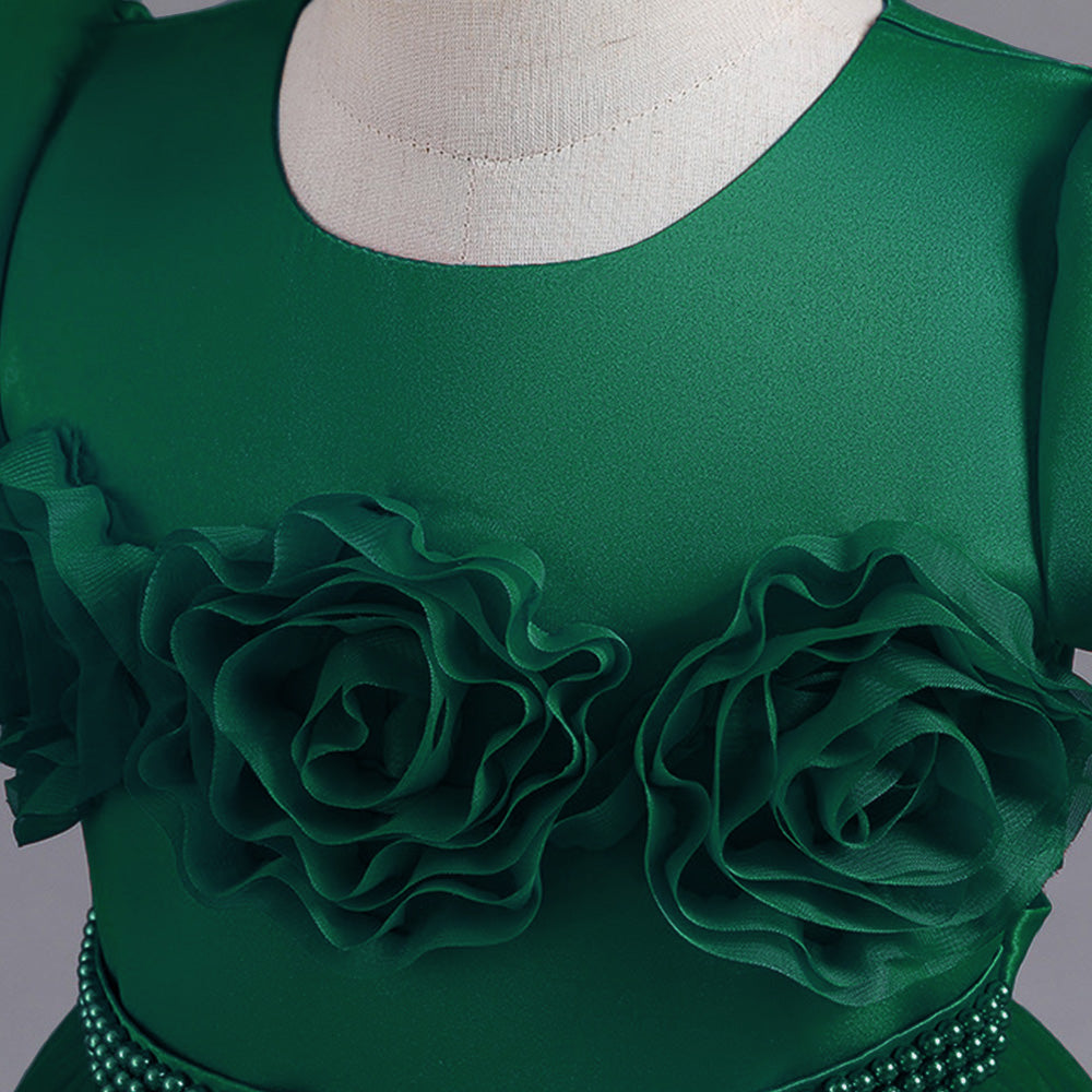 Girls Green Floral Embellished Puff Sleeve Maxi Gown Dress