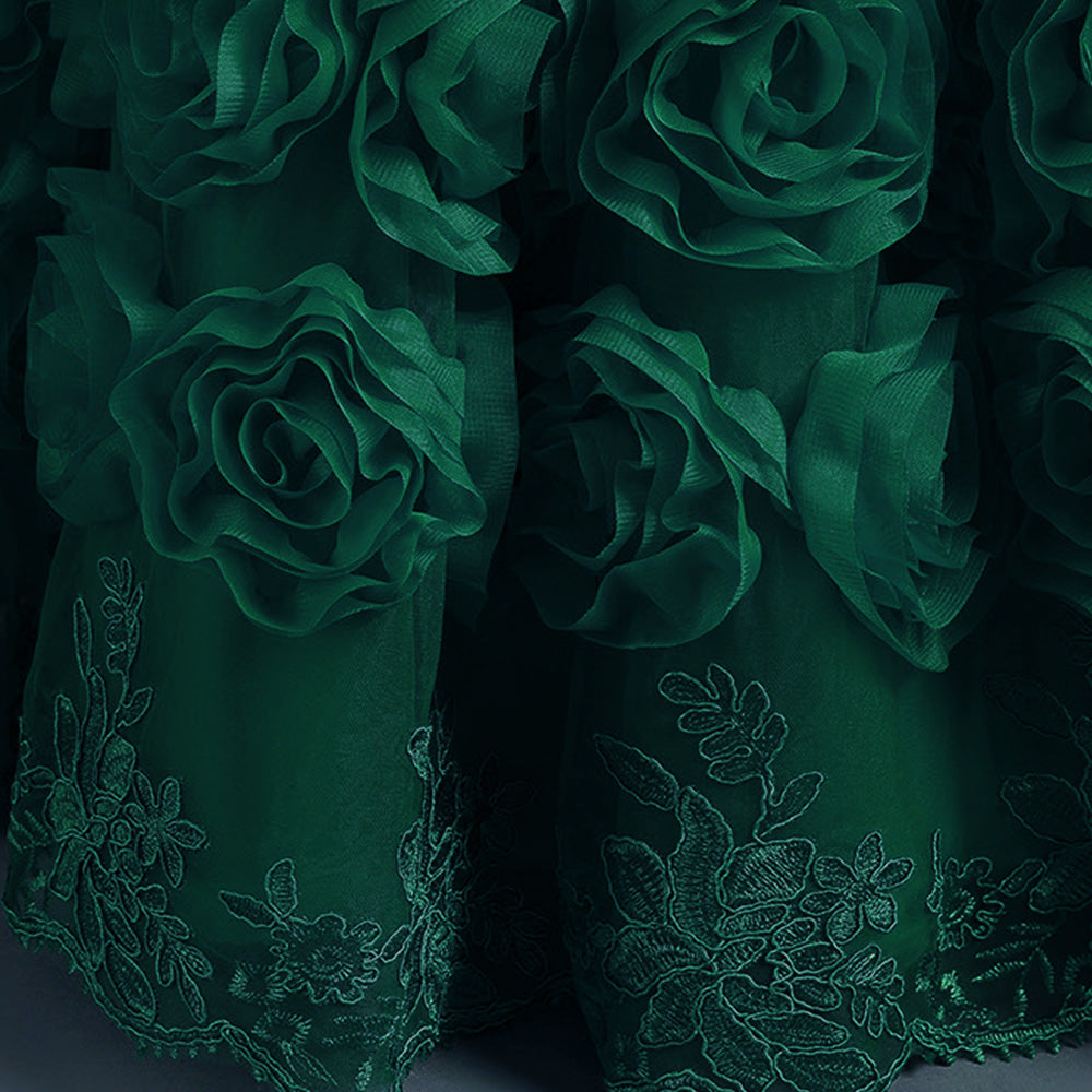 Girls Green Floral Embellished Puff Sleeve Maxi Gown Dress