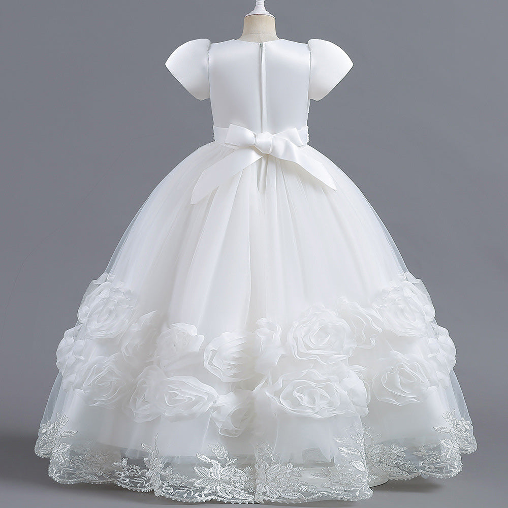 White Round Neck Applique Maxi Party Dress