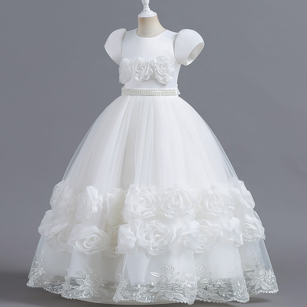 White Round Neck Applique Maxi Party Dress