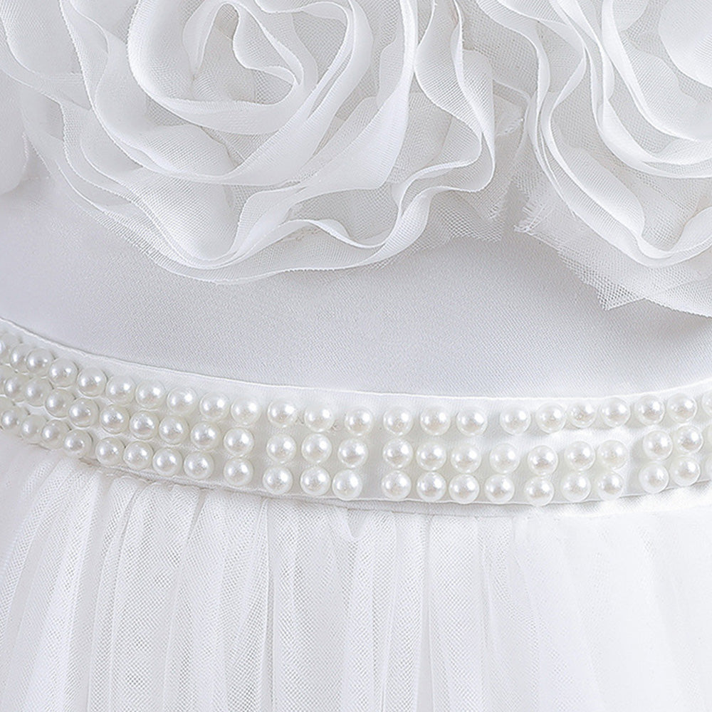 White Round Neck Applique Maxi Party Dress