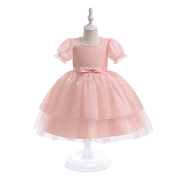 Girls Pink Puff Sleeves Layered Tulle Balloon Dress