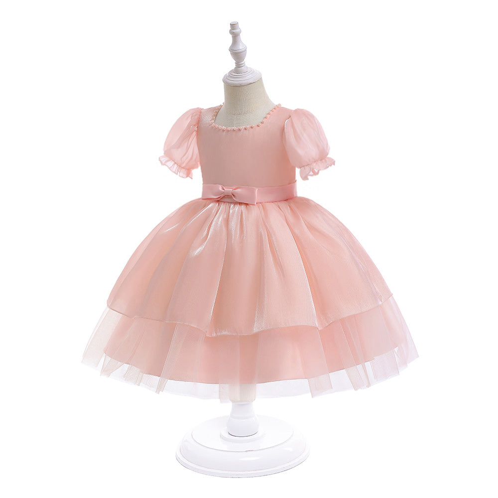 Girls Pink Puff Sleeves Layered Tulle Balloon Dress