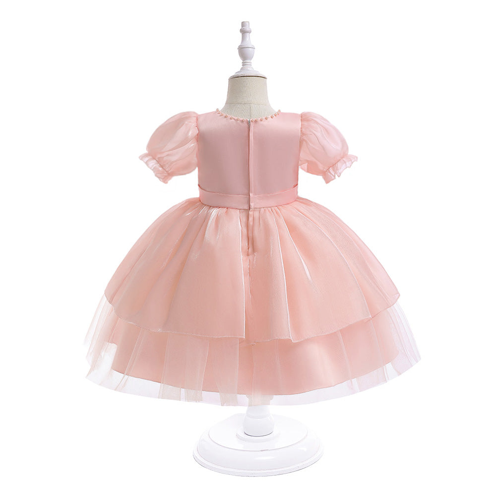 Girls Pink Puff Sleeves Layered Tulle Balloon Dress