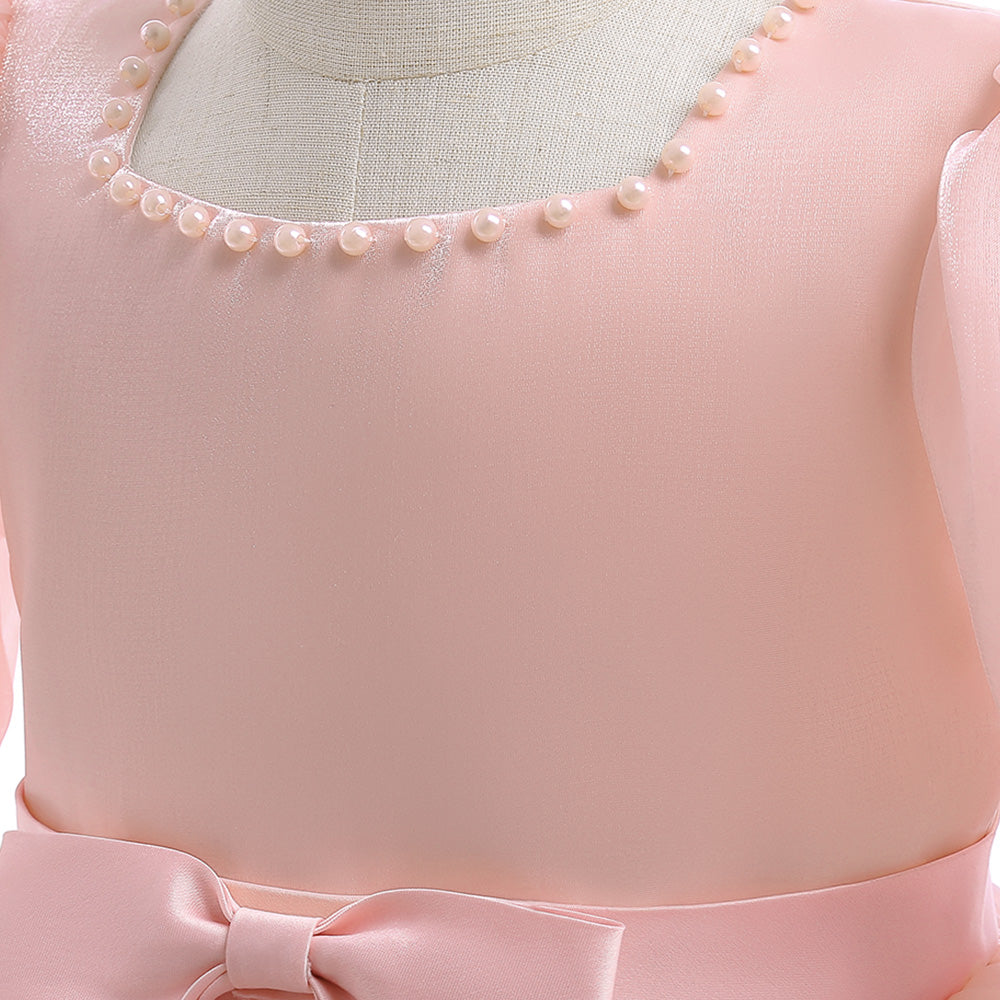 Girls Pink Puff Sleeves Layered Tulle Balloon Dress