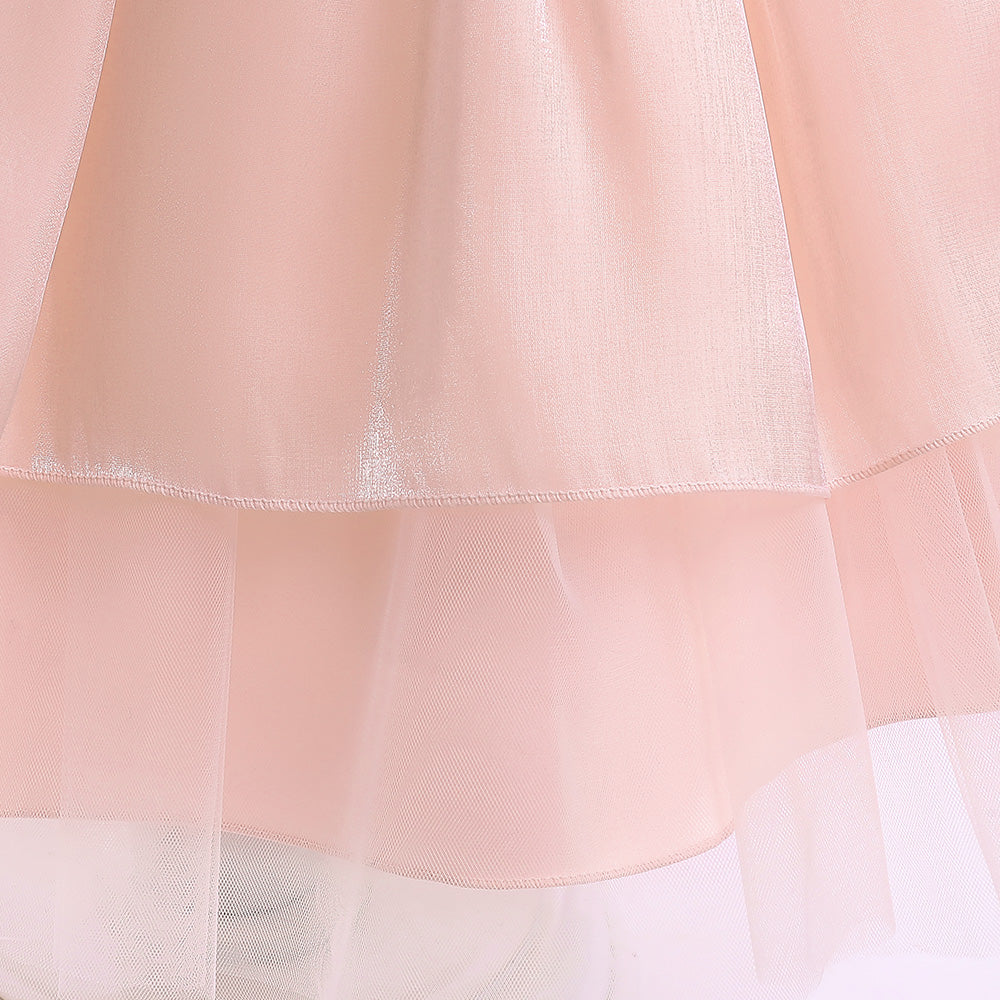 Girls Pink Puff Sleeves Layered Tulle Balloon Dress