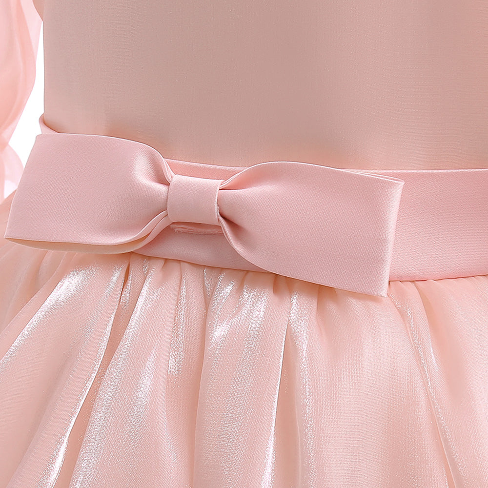 Girls Pink Puff Sleeves Layered Tulle Balloon Dress