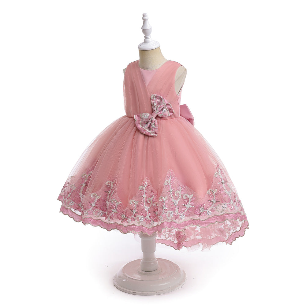 Pink Girls Embellished Bow Fit & Flare Dress