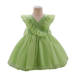 Girls Green V-Neck Ruffles Gathered Balloon Mini Dress