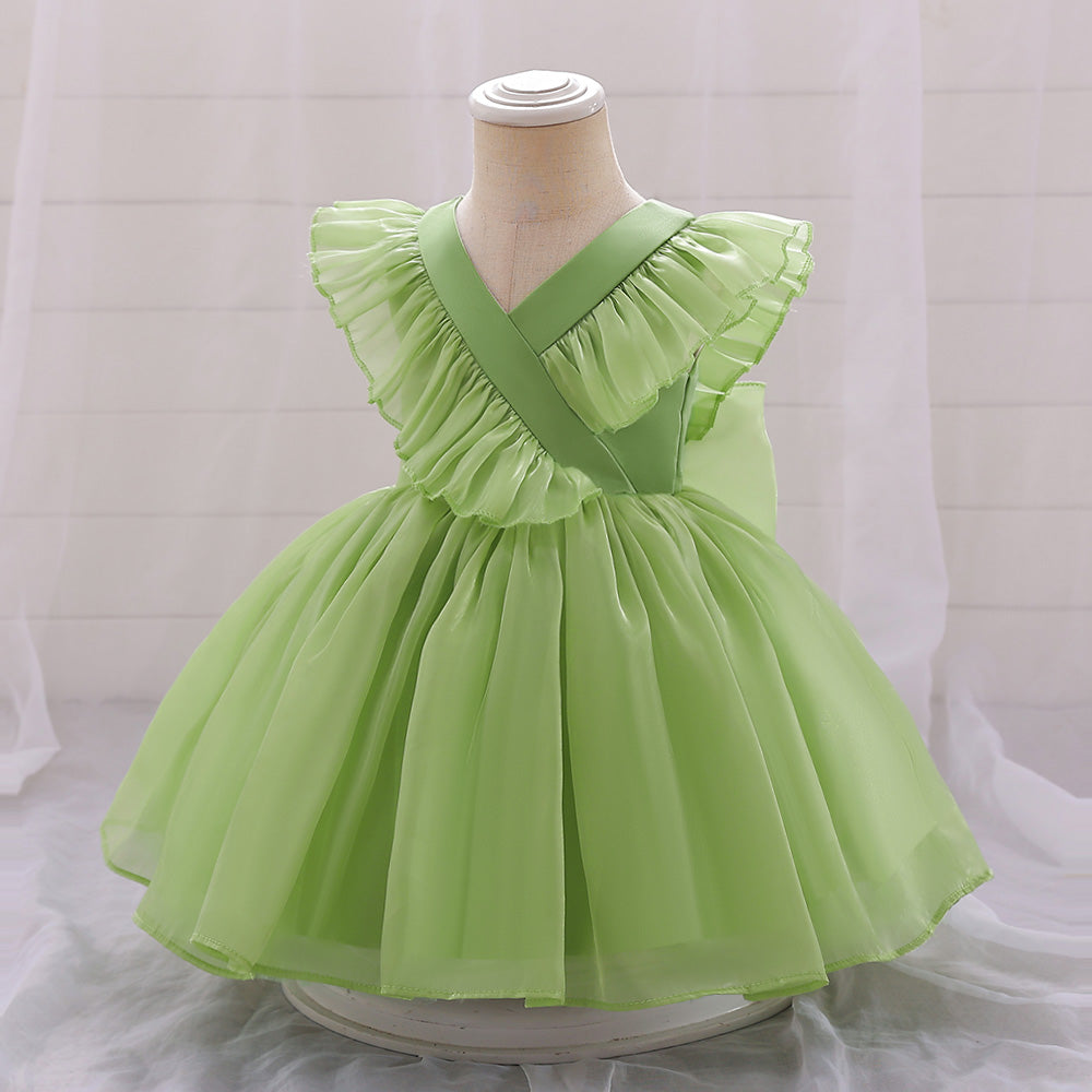 Girls Green V-Neck Ruffles Gathered Balloon Mini Dress