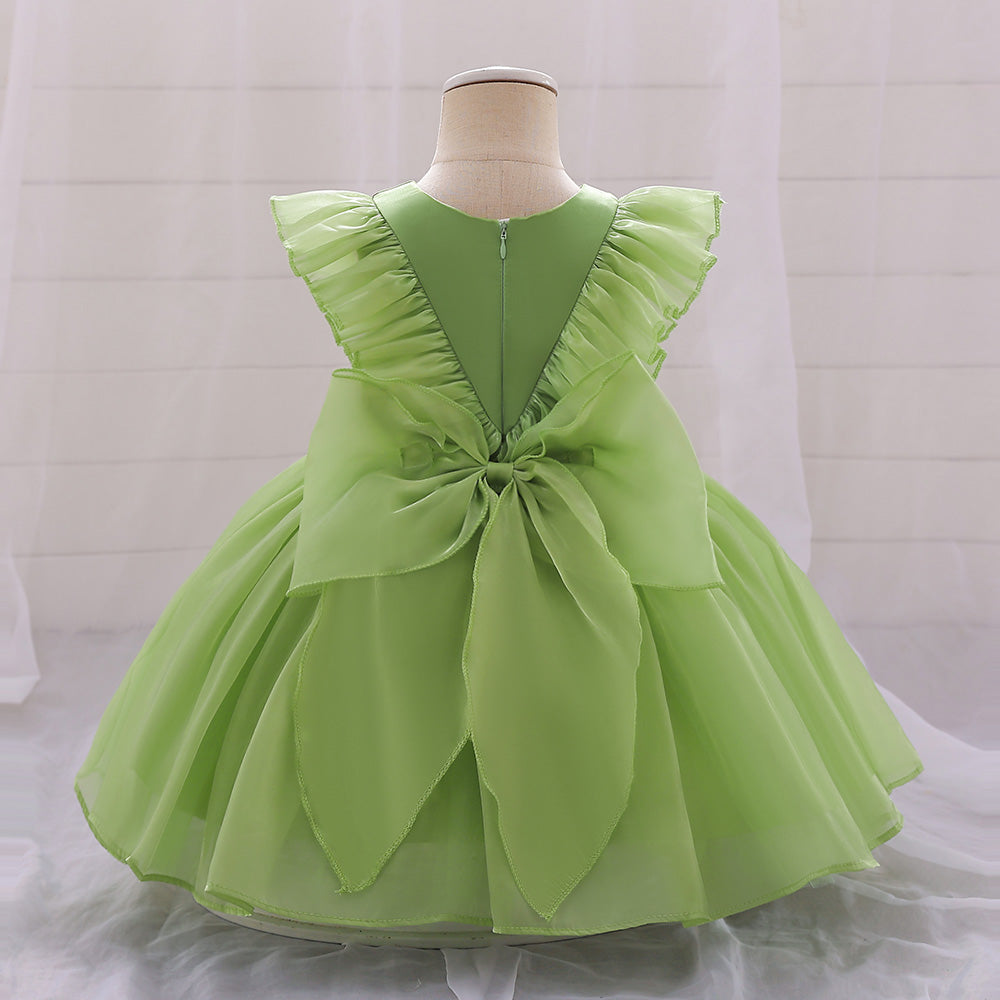 Girls Green V-Neck Ruffles Gathered Balloon Mini Dress