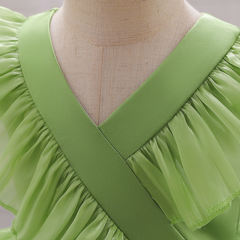 Girls Green V-Neck Ruffles Gathered Balloon Mini Dress