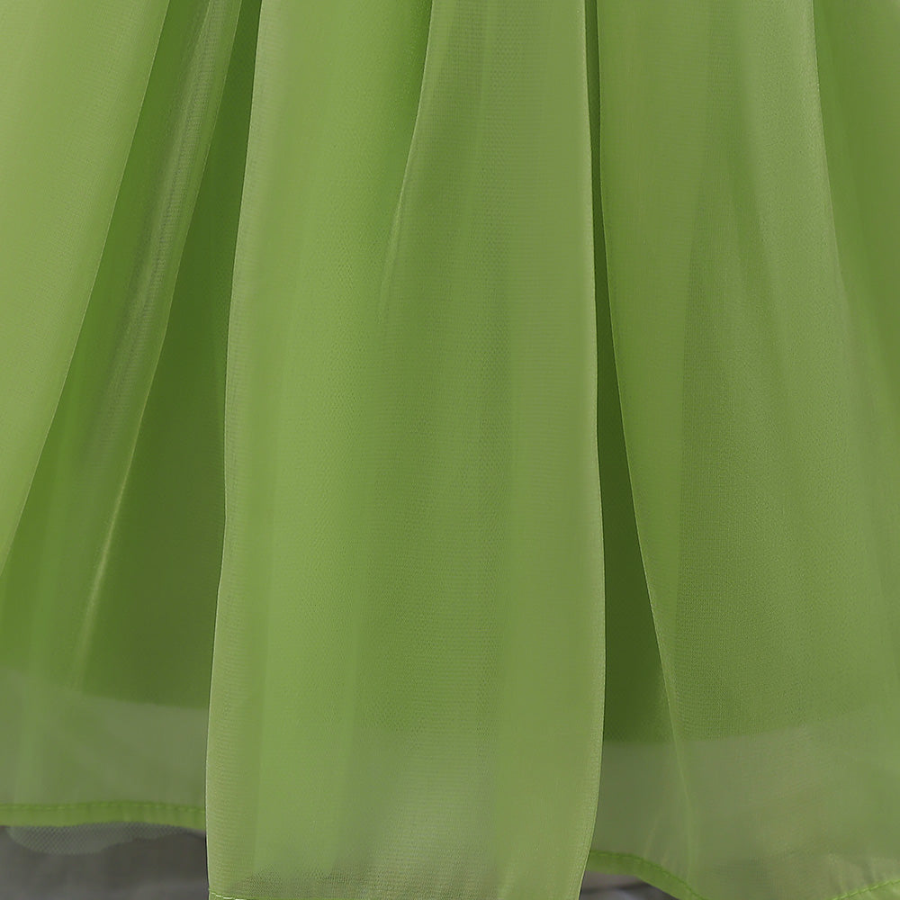 Girls Green V-Neck Ruffles Gathered Balloon Mini Dress
