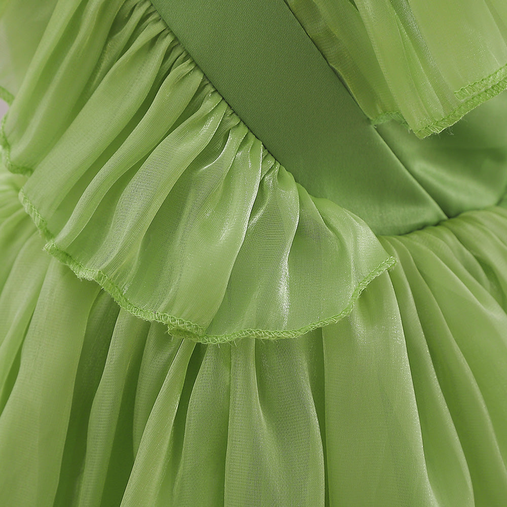 Girls Green V-Neck Ruffles Gathered Balloon Mini Dress