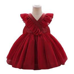 Girls Maroon V-Neck Balloon Dress