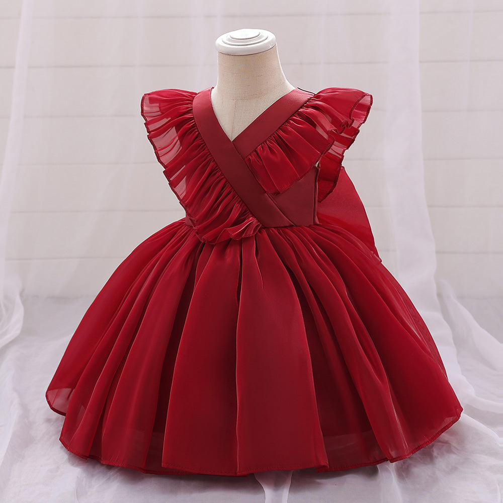 Girls Maroon V-Neck Balloon Dress