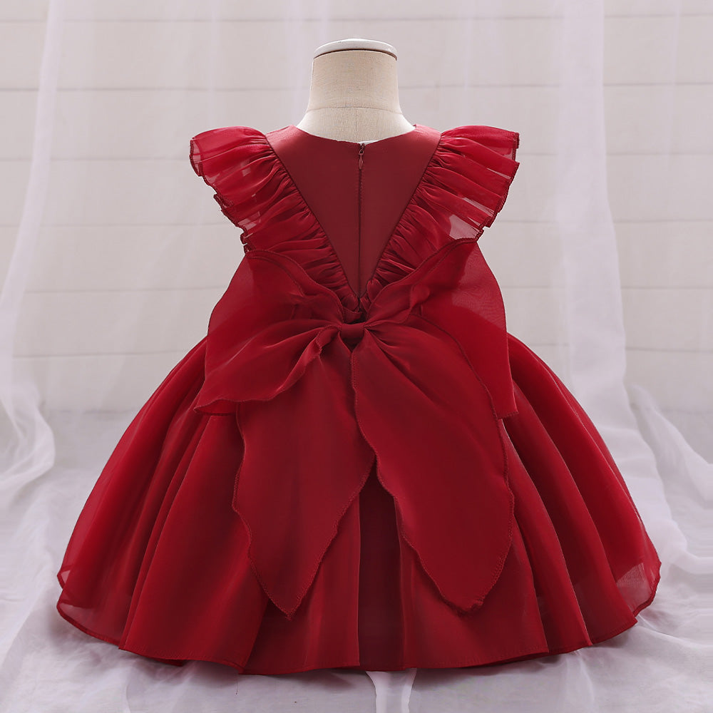 Girls Maroon V-Neck Balloon Dress