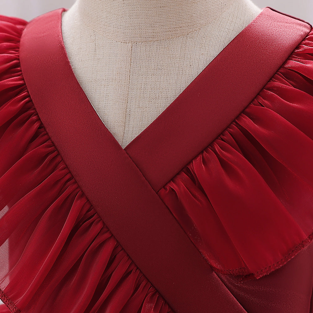 Girls Maroon V-Neck Balloon Dress