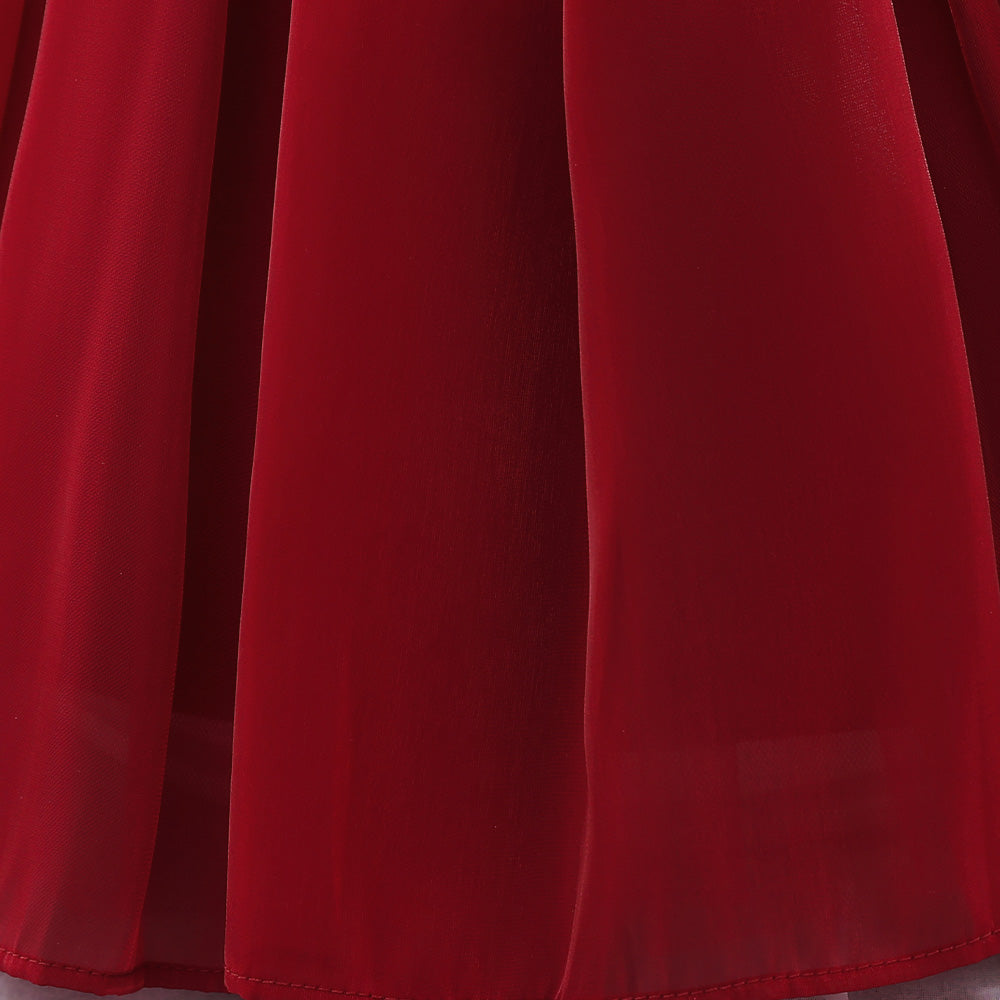Girls Maroon V-Neck Balloon Dress