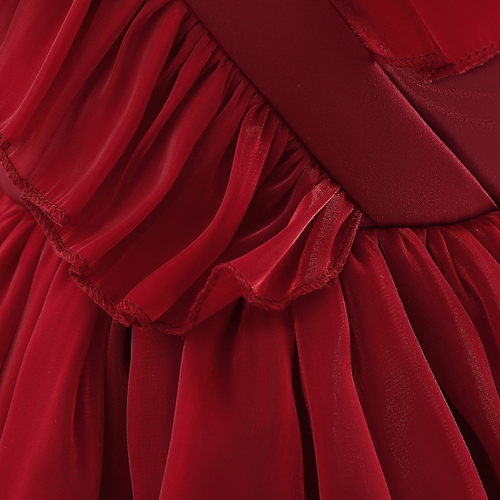 Girls Maroon V-Neck Balloon Dress