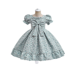 Girls Green Self Design Puff Sleeve Fit & Flare Dress