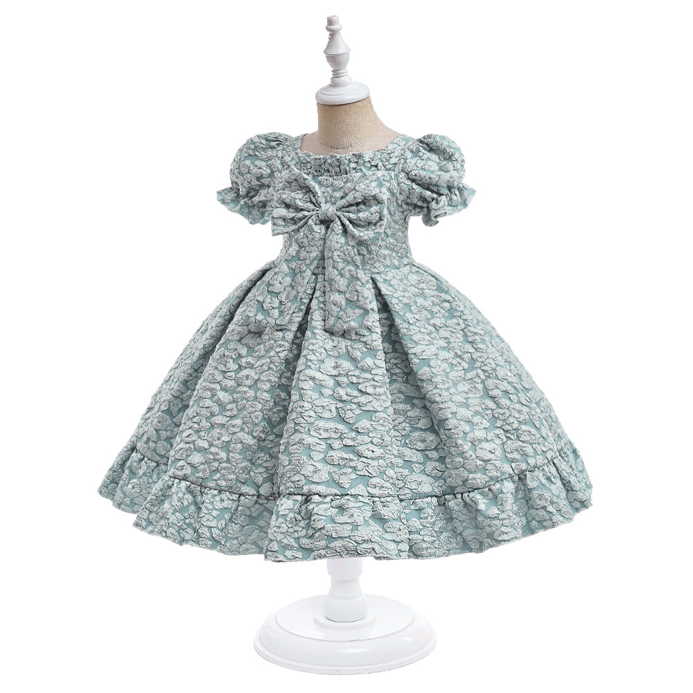 Girls Green Self Design Puff Sleeve Fit & Flare Dress