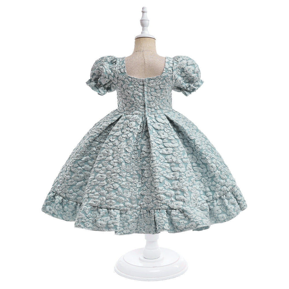 Girls Green Self Design Puff Sleeve Fit & Flare Dress