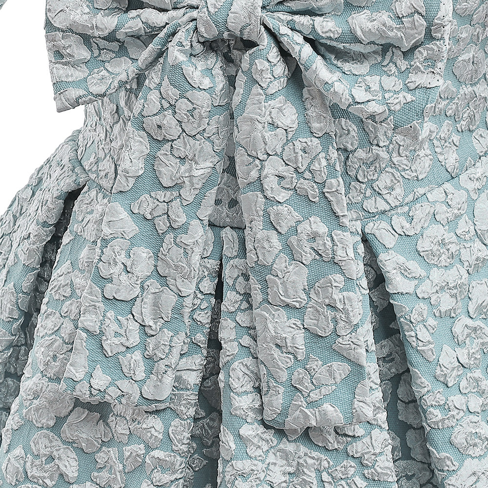 Girls Green Self Design Puff Sleeve Fit & Flare Dress