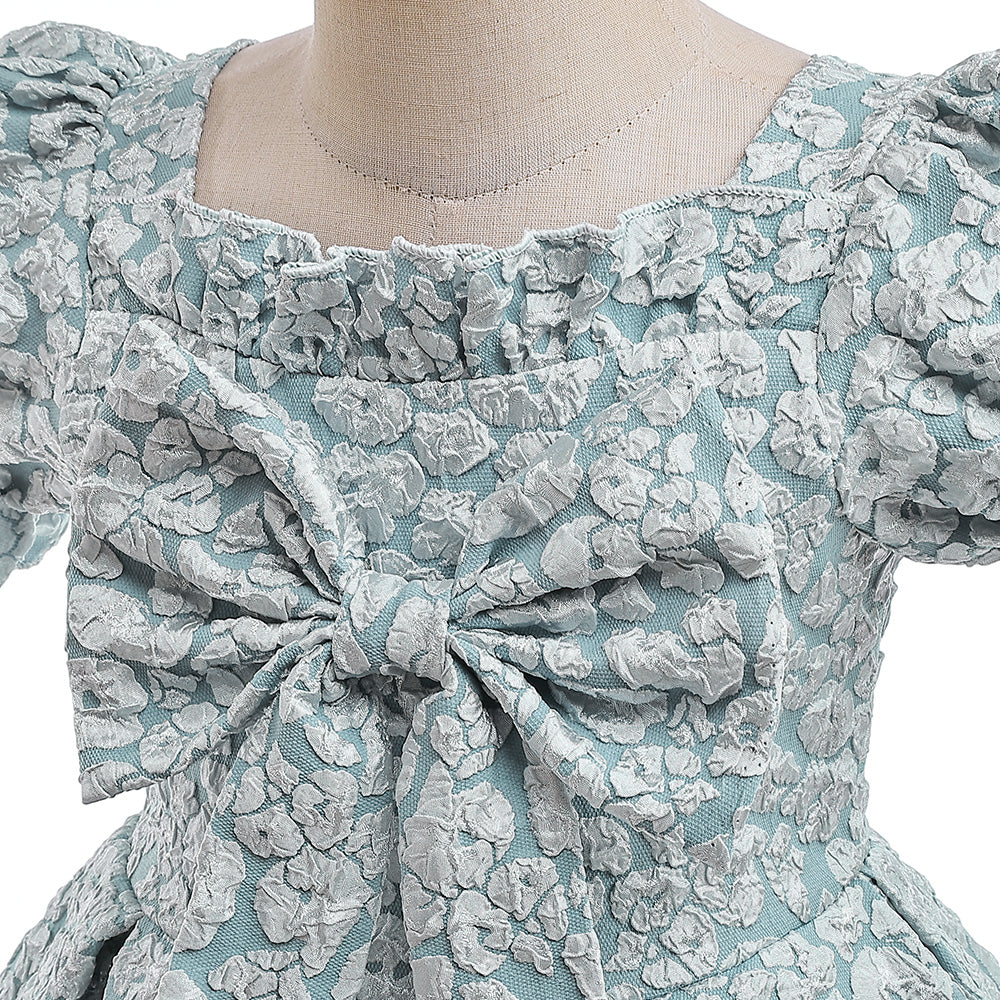 Girls Green Self Design Puff Sleeve Fit & Flare Dress