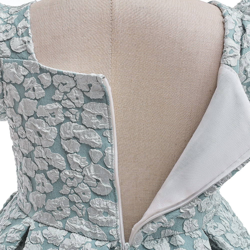 Girls Green Self Design Puff Sleeve Fit & Flare Dress