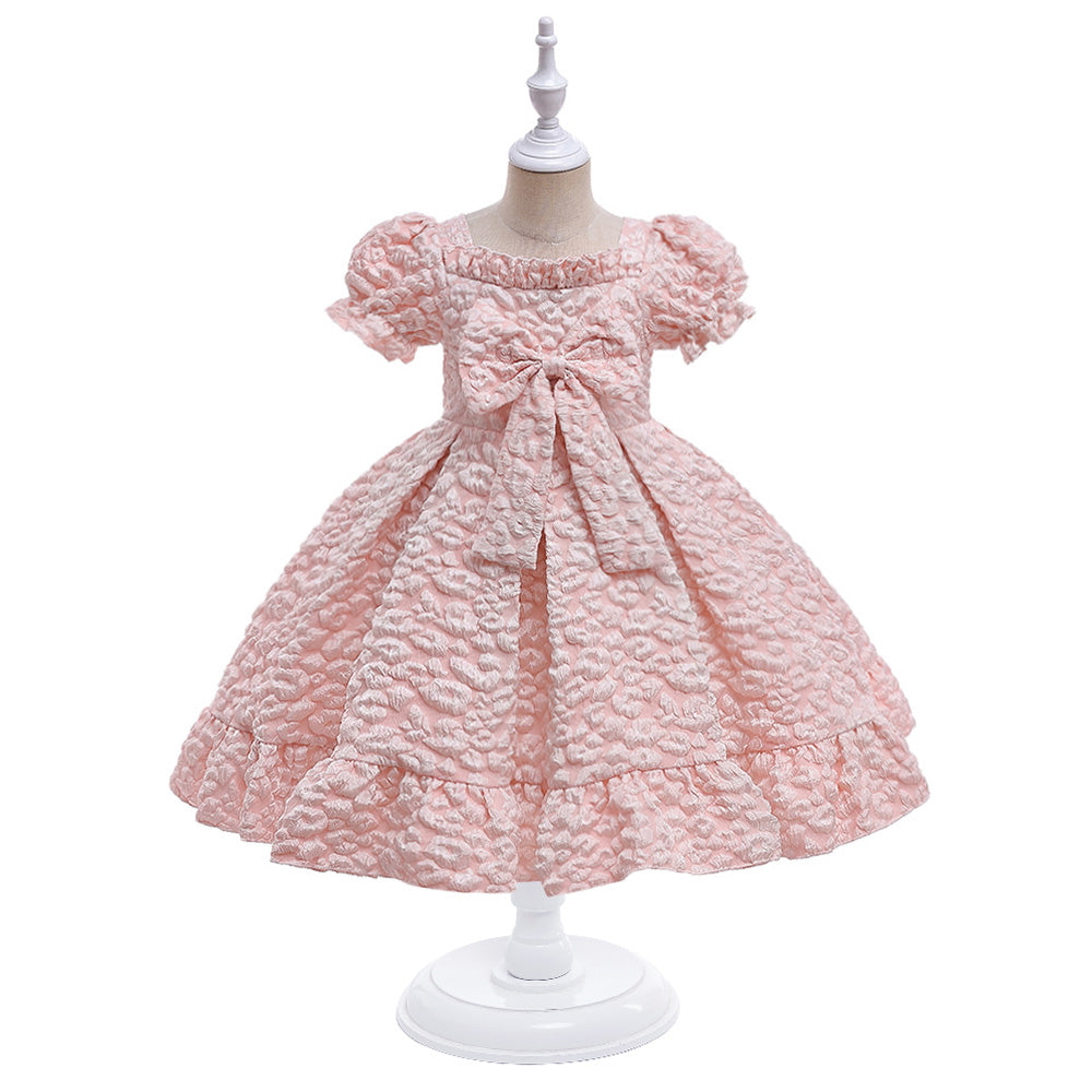 Girls Pink Self Design Puff Sleeve Fit & Flare Dress