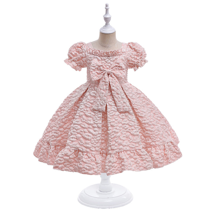 Girls Pink Self Design Puff Sleeve Fit & Flare Dress