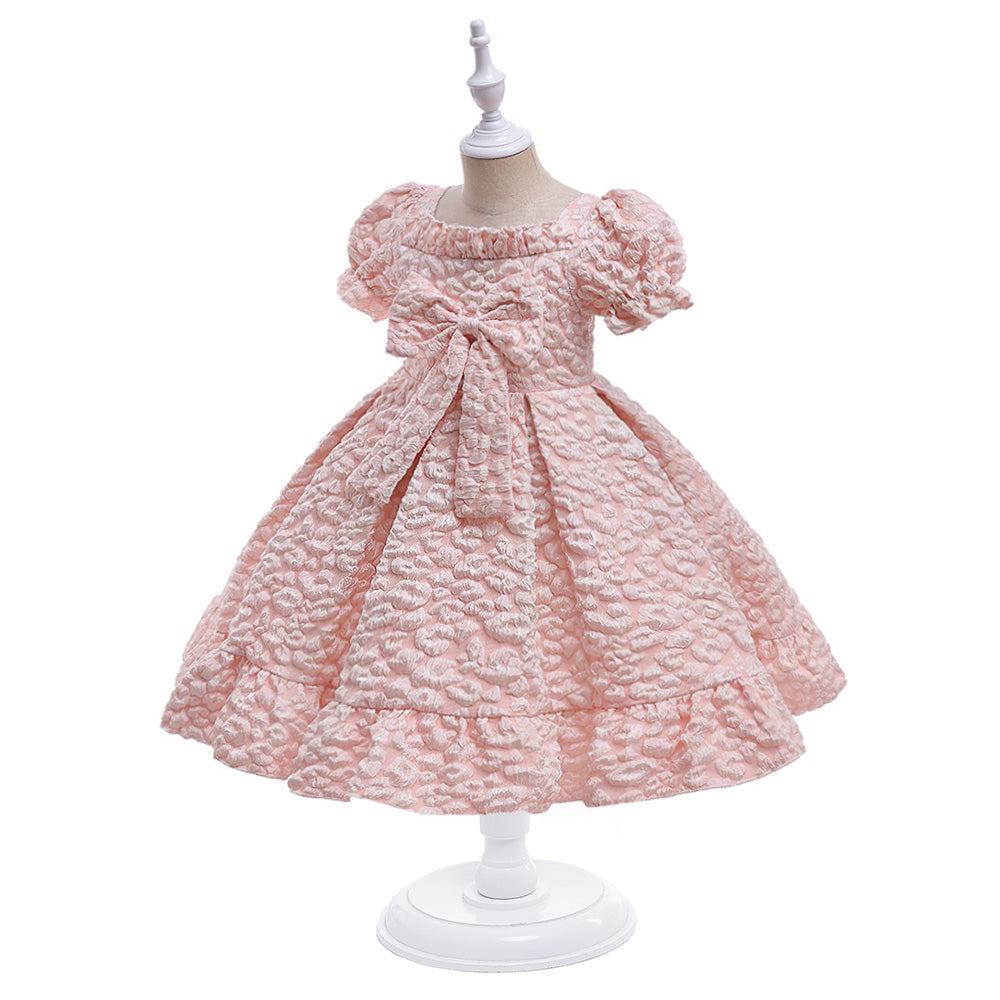 Girls Pink Self Design Puff Sleeve Fit & Flare Dress