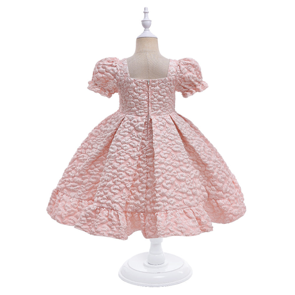 Girls Pink Self Design Puff Sleeve Fit & Flare Dress