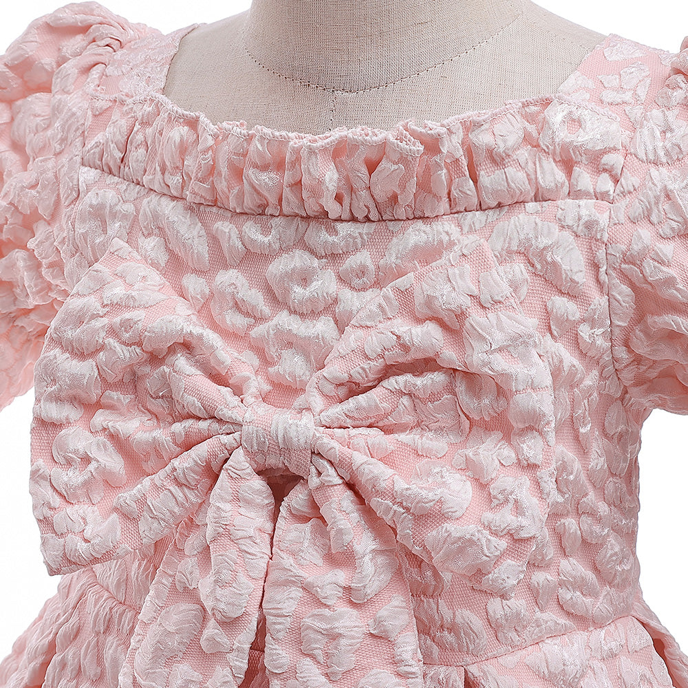 Girls Pink Self Design Puff Sleeve Fit & Flare Dress