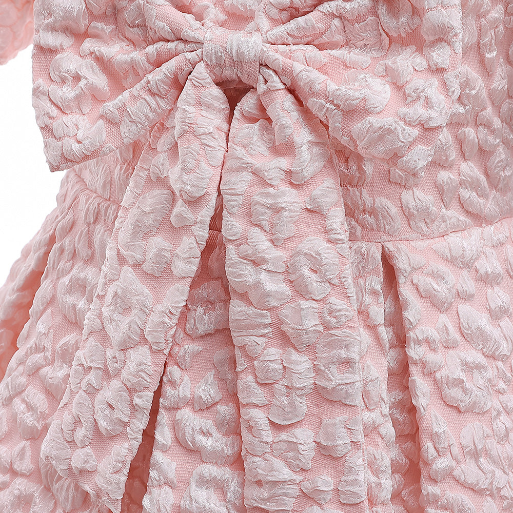 Girls Pink Self Design Puff Sleeve Fit & Flare Dress