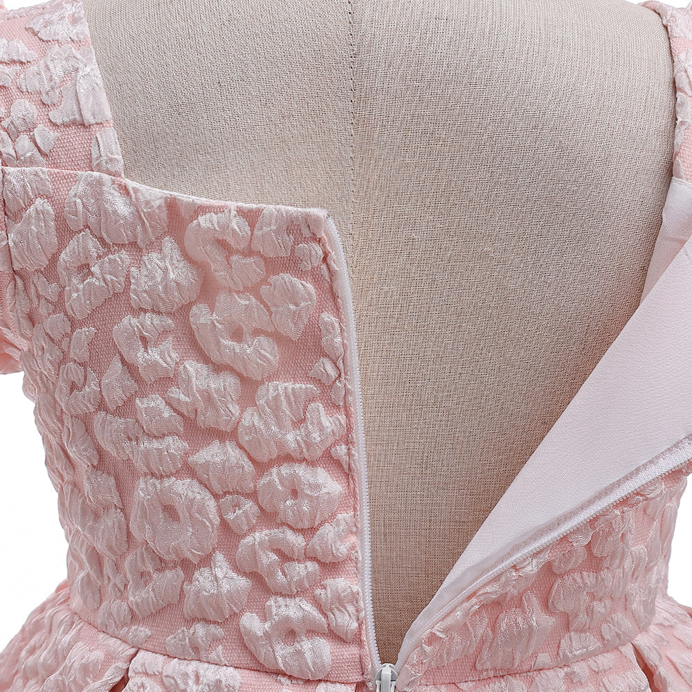 Girls Pink Self Design Puff Sleeve Fit & Flare Dress