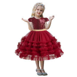 Maroon Girls Embellished Ruffled Balloon Dress