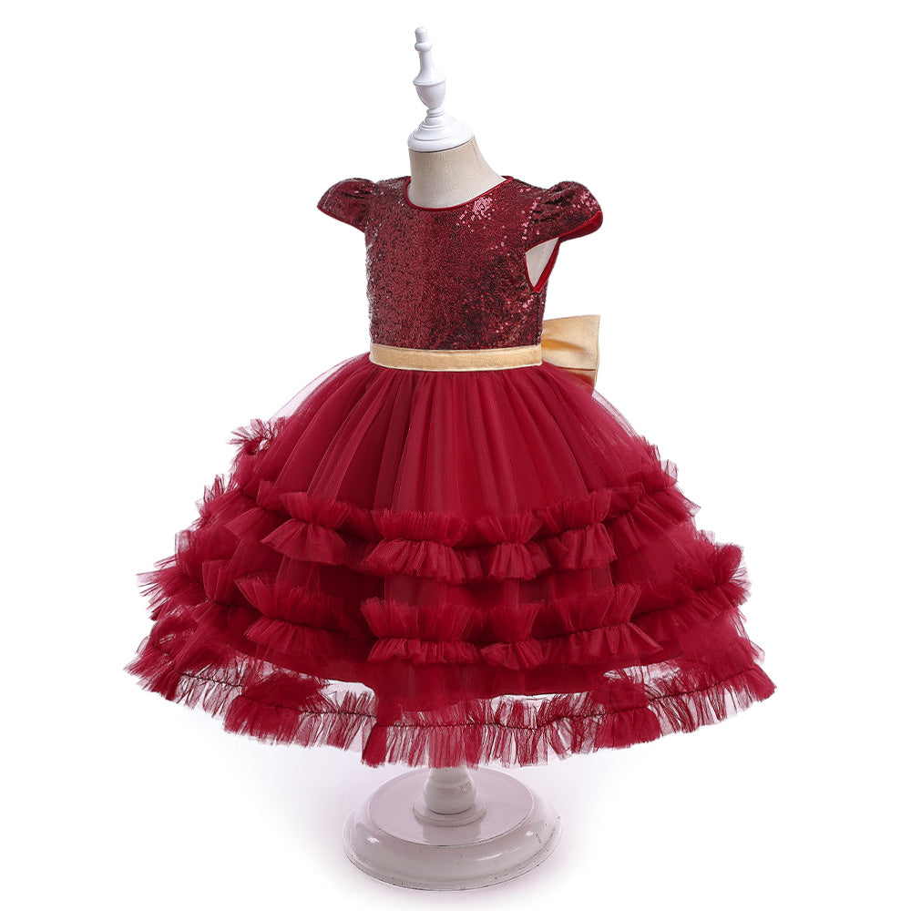 Maroon Girls Embellished Ruffled Balloon Dress