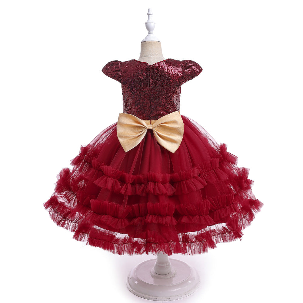 Maroon Girls Embellished Ruffled Balloon Dress
