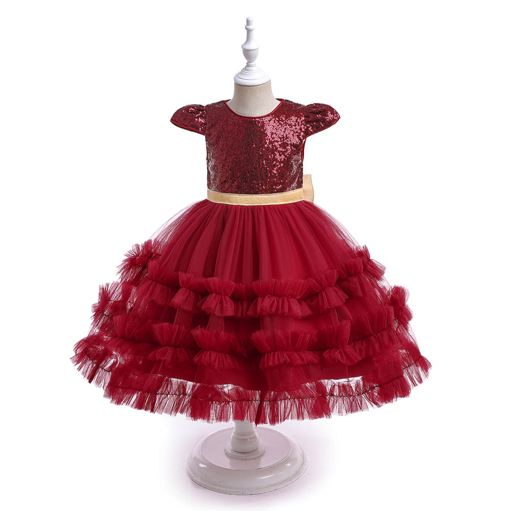 Maroon Girls Embellished Ruffled Balloon Dress