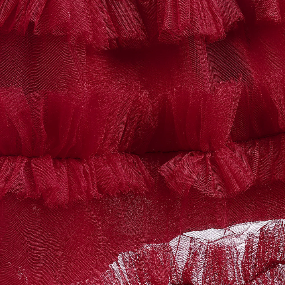 Maroon Girls Embellished Ruffled Balloon Dress